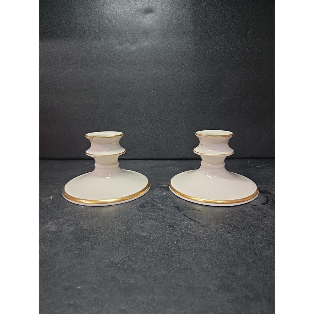 Pickard China Porcelain Candle Holders, 4.5" Round,‎ Gold Trim Set, Vtg Set of 2